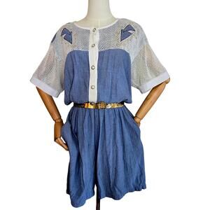 Size L – Vintage 1980s Raphael Denim Blue & White Mesh Romper